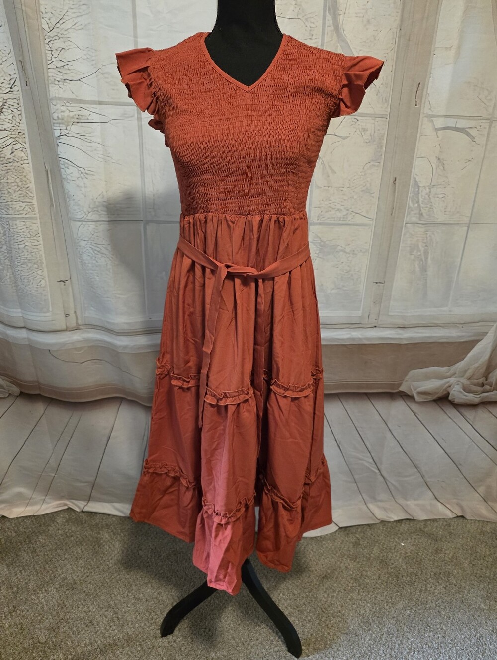 Smocked Rust Maxi Dress with Flutter Sleeves